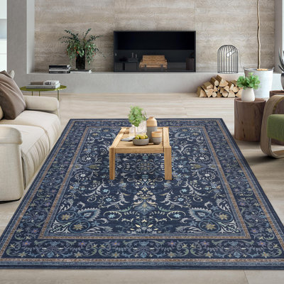 Tapis floral lavable Boho - Tapis à poils courts, antidérapant et résistant aux marques pour le salon, la chambre à coucher, la salle de jeux, le bureau - grand 10 x 13 pi, bleu marine, États-Unis