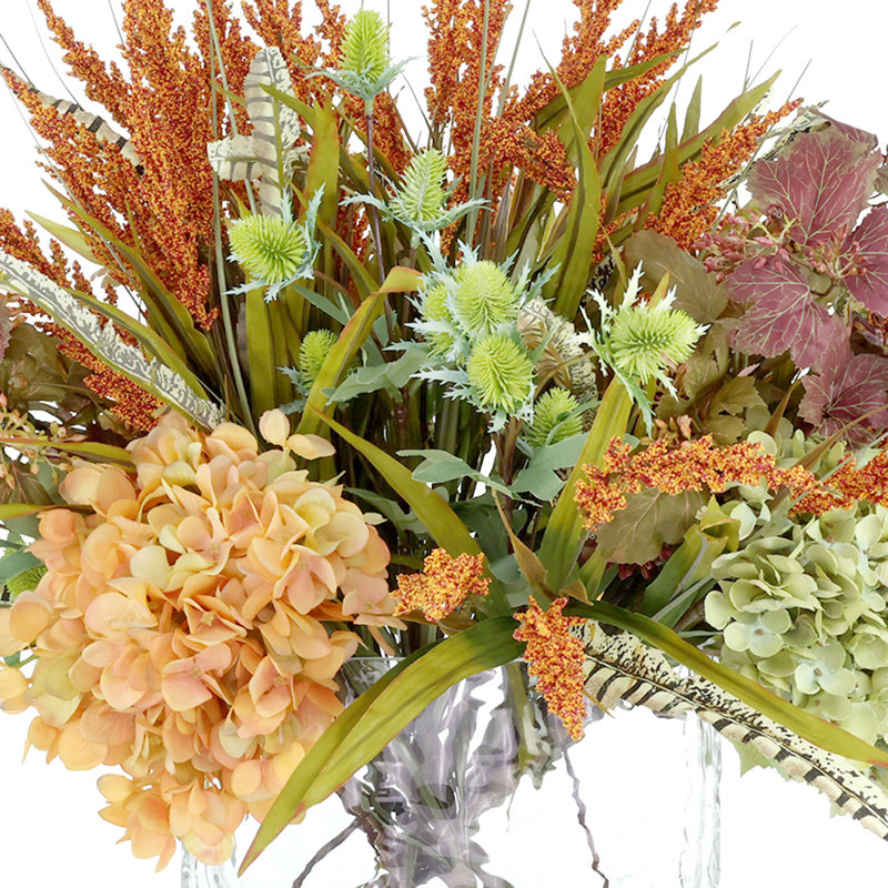 Heather, Hydrangea and Thistle Fall Arrangement in a Glass Ripple Vase