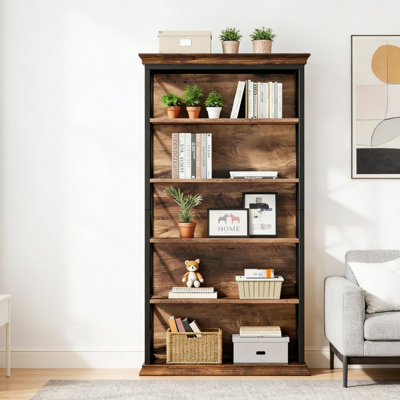 71" Industrial Floor Bookshelf with X-Frame Metal Structure & Five-Tier Shelves, for Living Room, Study or Office Storage & Display