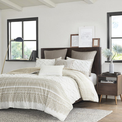 Housse de couette très grand / très grand 3 pièces - coton chenille, blanc naturel, imprimé taupe, coton lavable, dossier, fermeture à boutons, lavable à la machine, attache d'angle