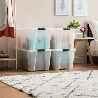Boîtes de rangement en plastique de 72 pintes, paquet de 4. Conception sans BPA avec couvercle et serrure, poignée de sécurité, durable, emboîtable et empilable, facile à organiser. Couleur perle.