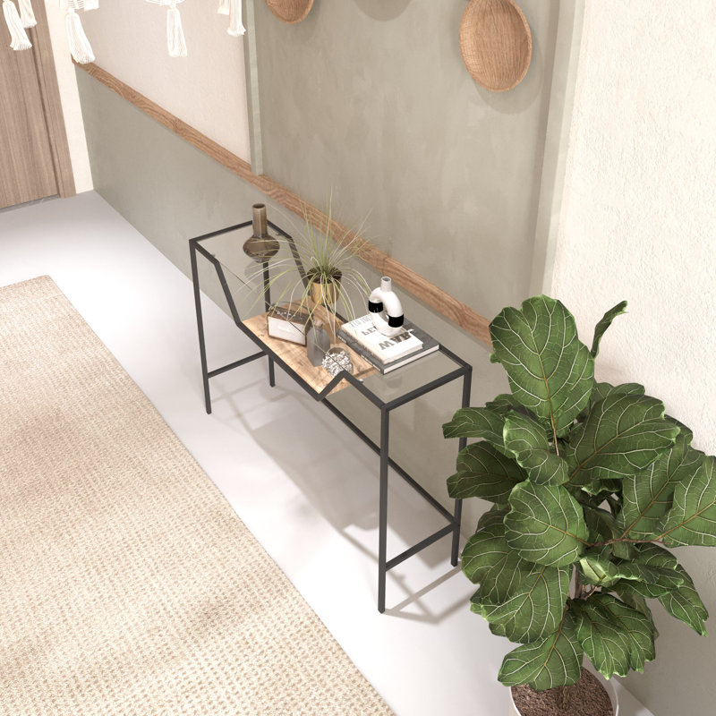 Console moderne noire avec plateau 100% verre trempé, 39,4 po x 29,9 po x 11,8 po | Pieds en métal robustes (0,6 x 0,6 po) | Design industriel élégant, parfait pour le salon ou le vestibule, solution de mobilier élégante et durable