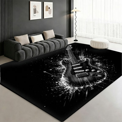 Tapis lavable à la machine électrique de style rock électrique avec envers antidérapant, tapis de sol noir et blanc à motif d'encre, décoration intérieure confortable pour le salon, la chambre à coucher, le jeu, le studio de musique et un appartement