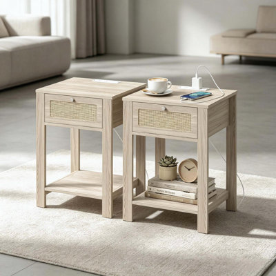 Bed Side End Table Set with Charging Station