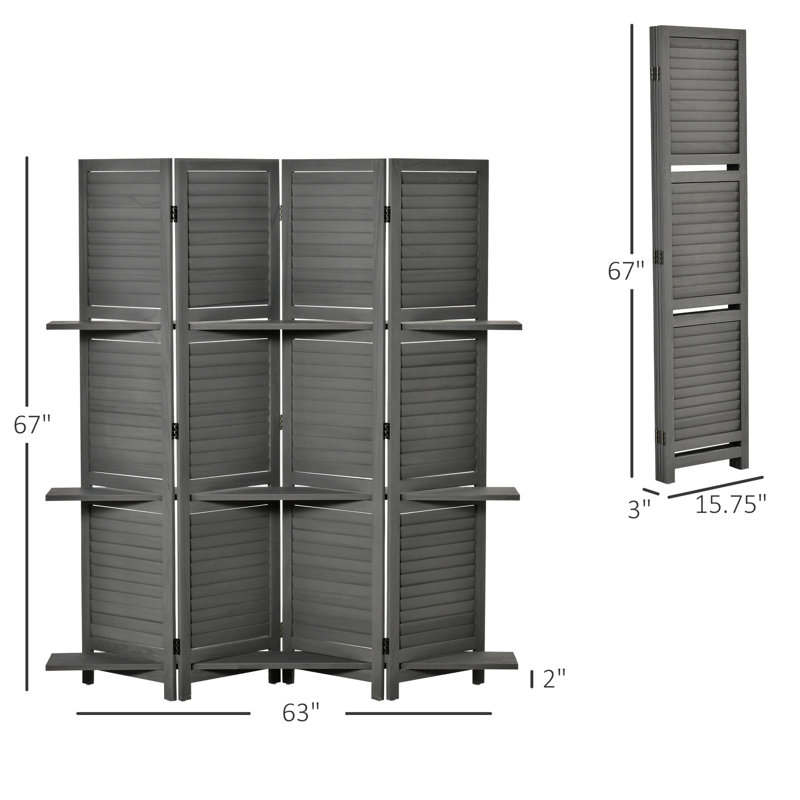 4 paravents pliables avec rangement, gris 5,6 pi pour la chambre à coucher et le bureau, écran de style bois rustique,