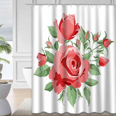 Rideau de douche imperméable à motif floral rouge et blanc avec 12 crochets