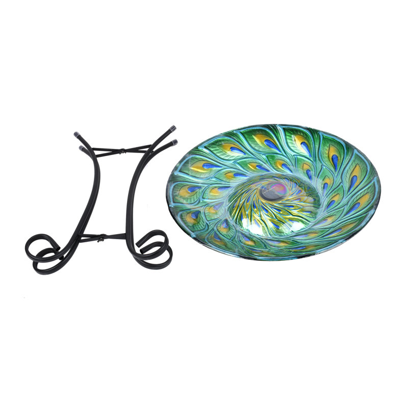  Solar Glass Turquoise Peacock Feathers Bird Bath with Stand