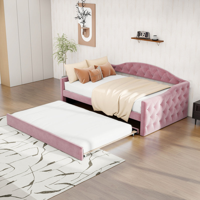 Upholstered Daybed with Trundle and USB, Pink