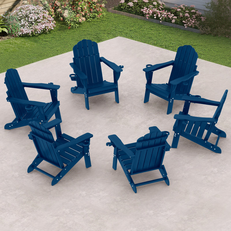 HDPE Adirondack Foldable Chair Wood Texture With Cup Holder(Set Of 6), Navy