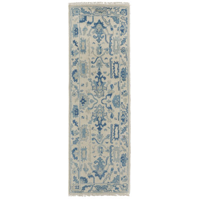 Karina Hand Knotted Wool Ikat Area Rug in Ivory/Blue