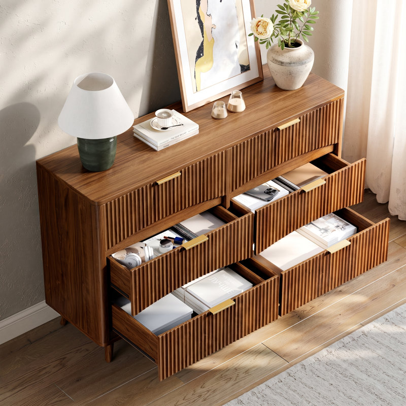 54" W Fluted 6 Drawer Dresser, Wood Curved Dresser, Mid Century Modern Chest Of Drawers For Bedroom, Living Room And Entryway