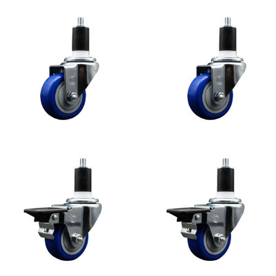 3 Inch Blue Poly Wheel Swivel 1-1/2 Inch Expanding Stem Caster Set 2 Brakes SCC