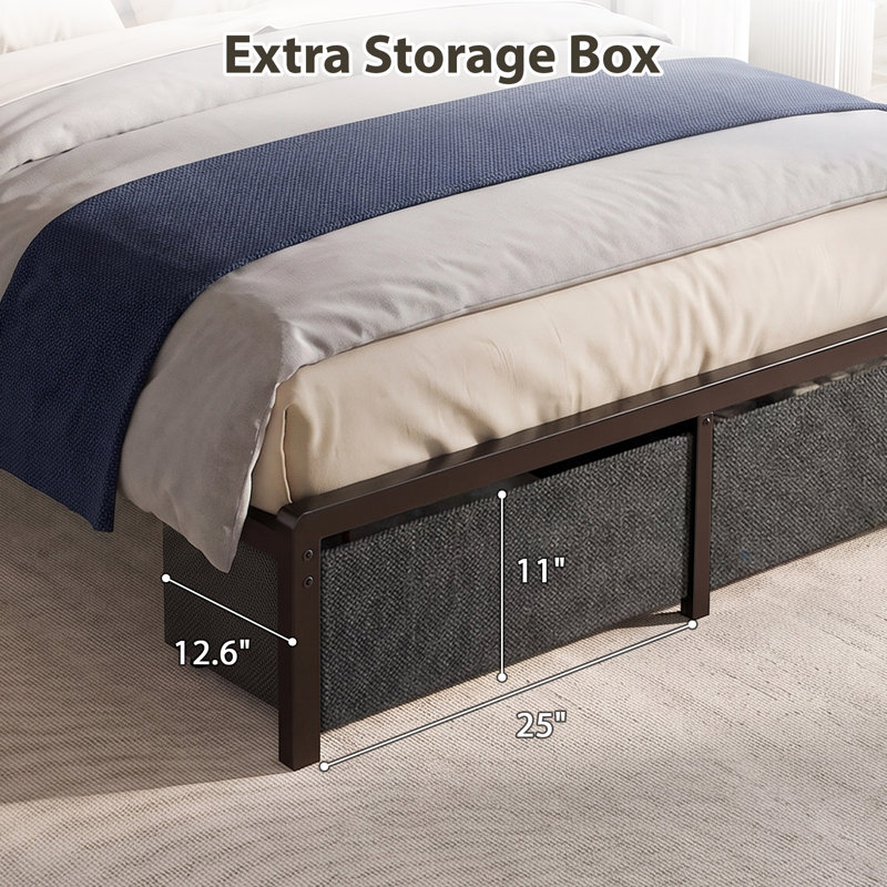 Cadre de lit en acier pleine grandeur avec coffre de rangement coulissant, lumières DEL contrôlables par téléphone et station de chargement USB de type C pour chambre à coucher