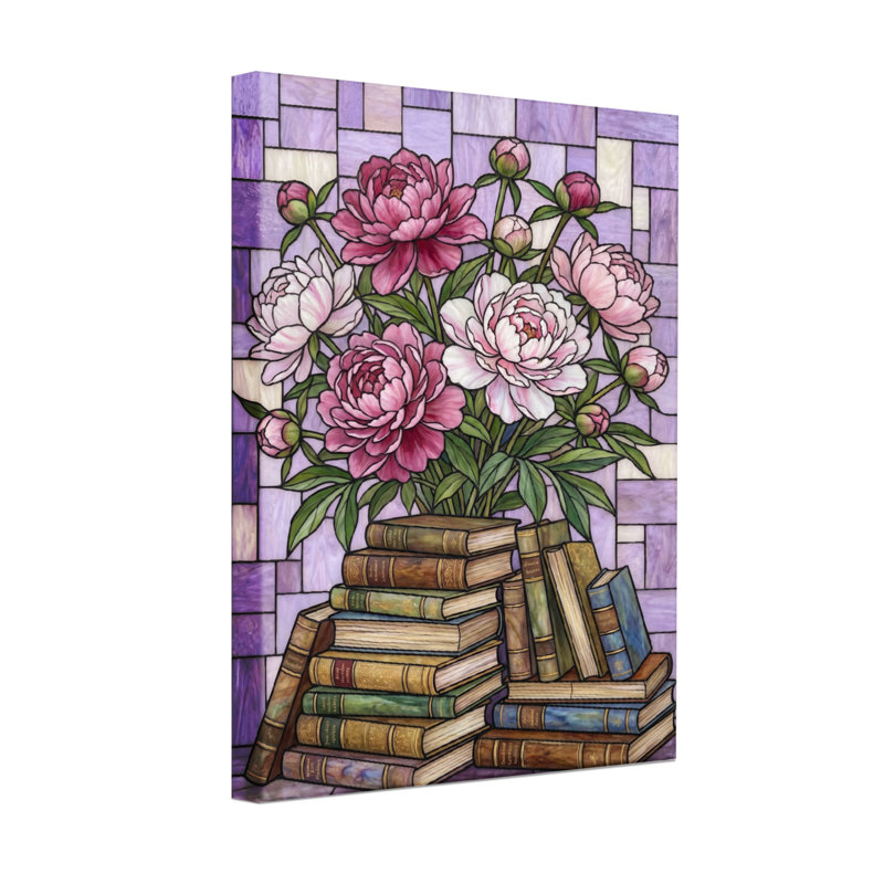 Plantes et fleurs, vitrail, pivoines et livres, H 36 po x l 24 po