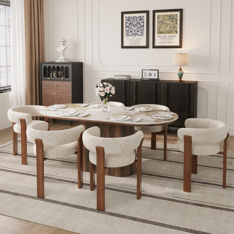 Adwin 6-Person Dining Table Set with Teddy Upholstered Arm Chairs , 7 Pieces: Table, 5 Chairs, Beige