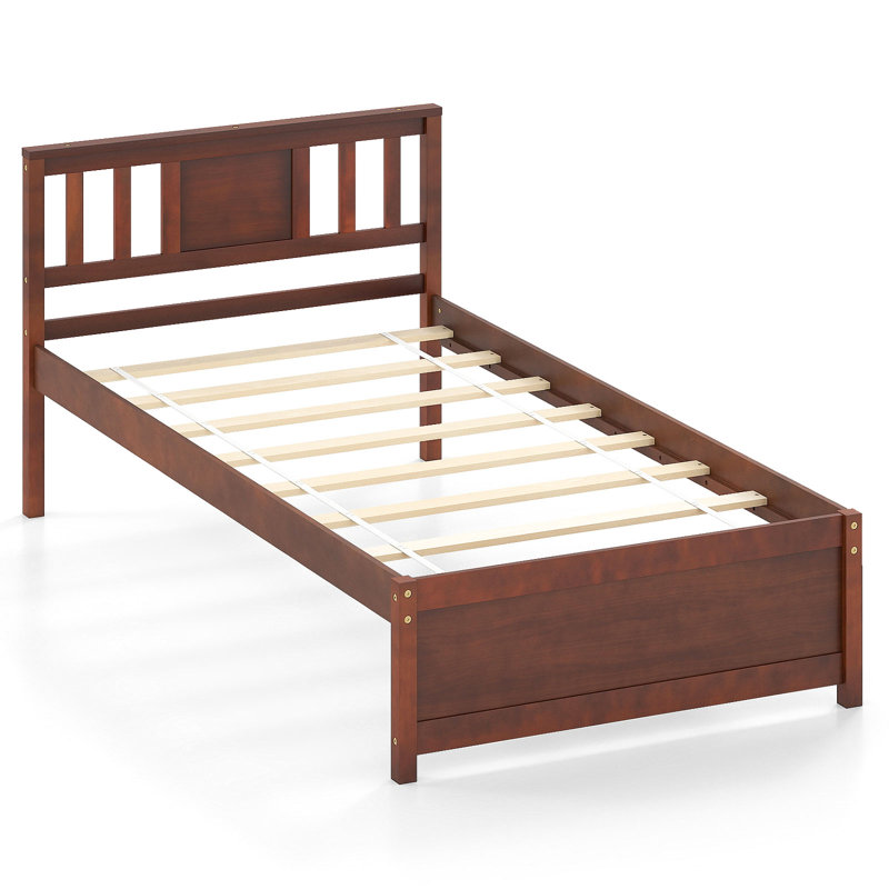 Twin Size Mid-Century Pine Solid Wood Platform Bed Frame with Headboard Slat Support, Walnut, Twin