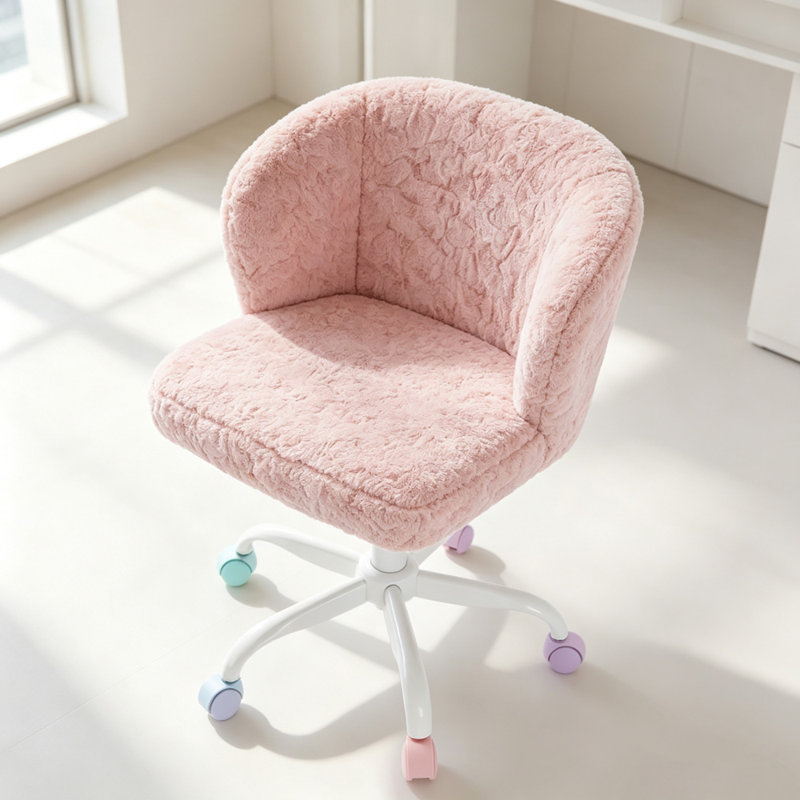 Chaise de bureau pivotante en faux alpaga et base blanche neige, Fausse fourrure rose - roues multicolores