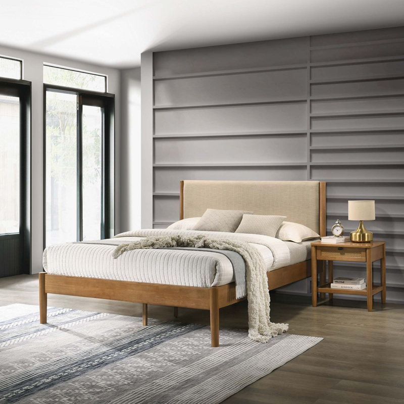 Ensemble de chambre à coucher en hévéa, lit plateforme avec table de chevet