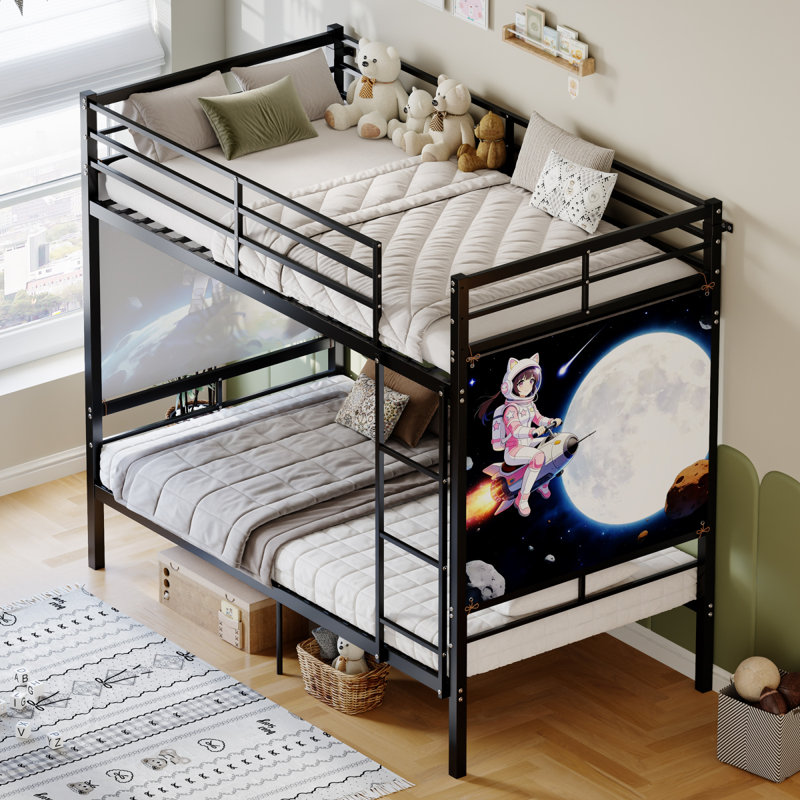 Lit superposé avec échelle et garde-corps haut, capable de se diviser, lit superposé en métal, espace de rangement, silencieux, taille simple sur simple, noir