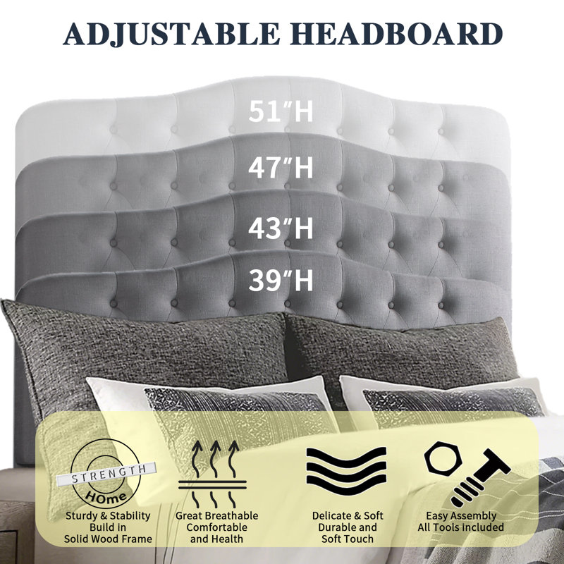 Adjustable Height Headboard with Linen Upholstery and Button Tufting for Bedroom, Queen, Gray