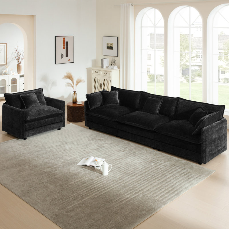  Ensemble de salon, canapé en chenille moderne, pour le salon, Noir, noir, noir, noir