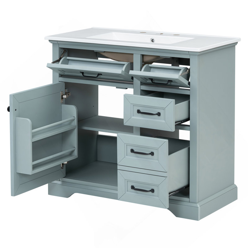Meuble-lavabo 36 po avec lavabo, lavabo en céramique, 2 tiroirs basculants, charnières de porte à fermeture en douceur, gris