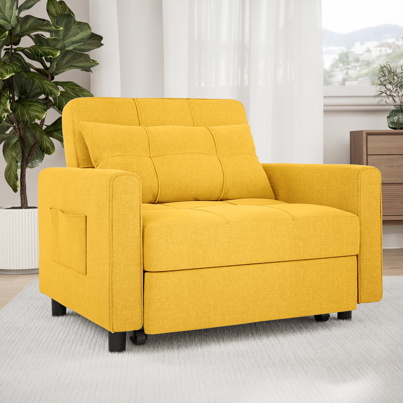 3-in-1 Convertible Pull Out Sleeper Chair, Adjustable Backrest 100°-180° Upholstered Single Sofa Bed with Side Pocket & Casters,Linen Accent Chair for Living Room Guest Room