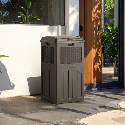 33 Gallon Outdoor Hideaway Trash Can with Tiered Lid, Waterproof Resin Waste Bin for Patio, Pool, Backyard & Deck