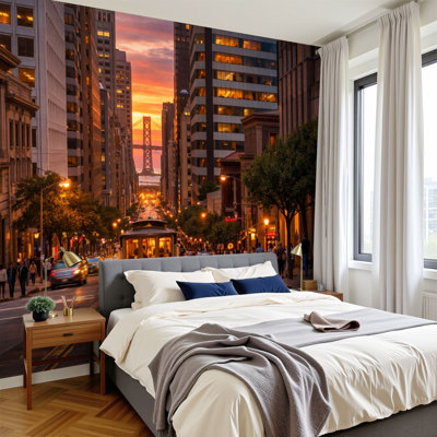 Peel and Stick Wallpaper Wall Mural San Francisco Street Cable Car Urban Sunset Bay Bridge View Wall Art Self Adhesive and Removable