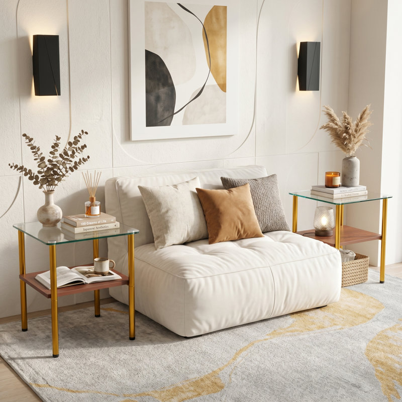 Table d'appoint moderne en verre 2 pièces, plateau de table en verre trempé, tablette de rangement en MDF et pieds en métal, table d'appoint minimaliste pour salon et chambre à coucher