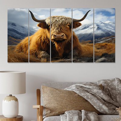 Brown Yaks In Montain I - animaux, reproduction sur toile - 5 panneaux égaux