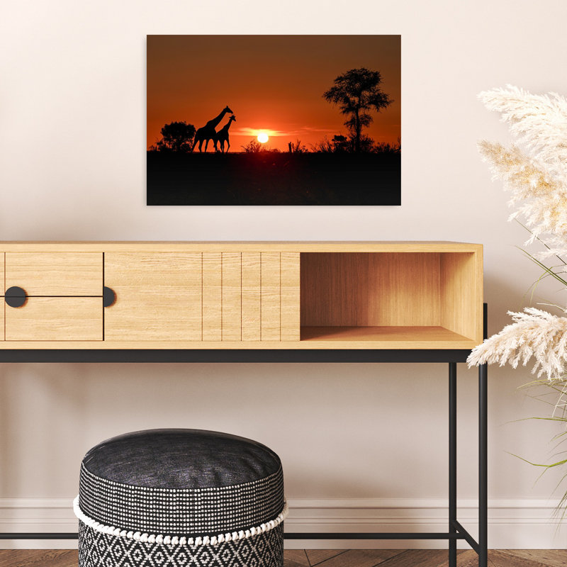Girafes au coucher du soleil doré, paysage contemporain abstrait, art mural, 16" H x 24" W