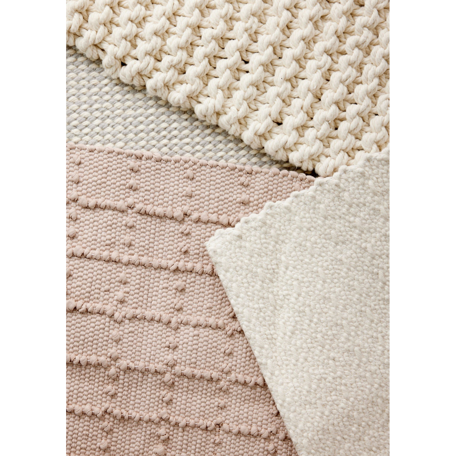 Blush Pink Plaid Hand-Loomed Cotton Bobble Mat
