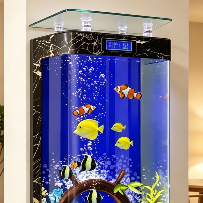Aquarium vertical haut, finition marbre noir et or, en verre flotté avec cadre en bois massif et acrylique, ensemble complet avec pompe, filtre et éclairage DEL pour la décoration du salon.