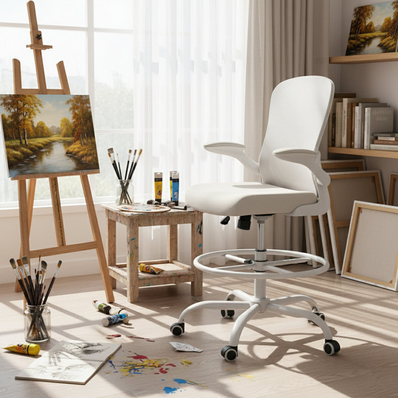 Laquon Ergonomic Mesh Drafting Chair with Adjustable Footrest Ring , White