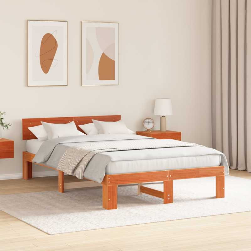 Bed Frame With Headboard Wax Brown Solid Pine Wood