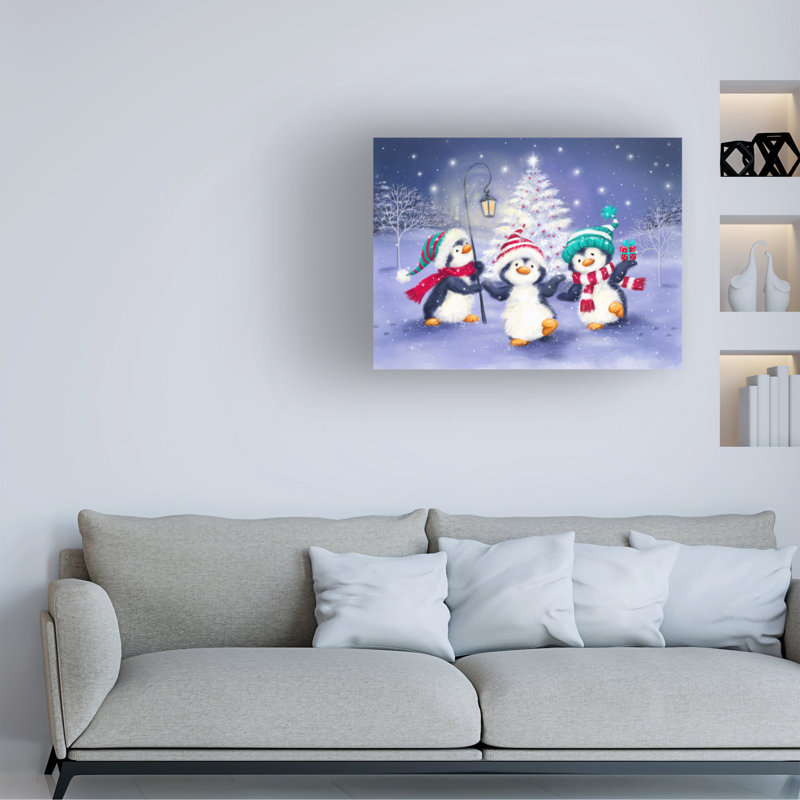 Art sur toile, "Three pingouin" avec un arbre de Noël, H 24 po x l 32 po