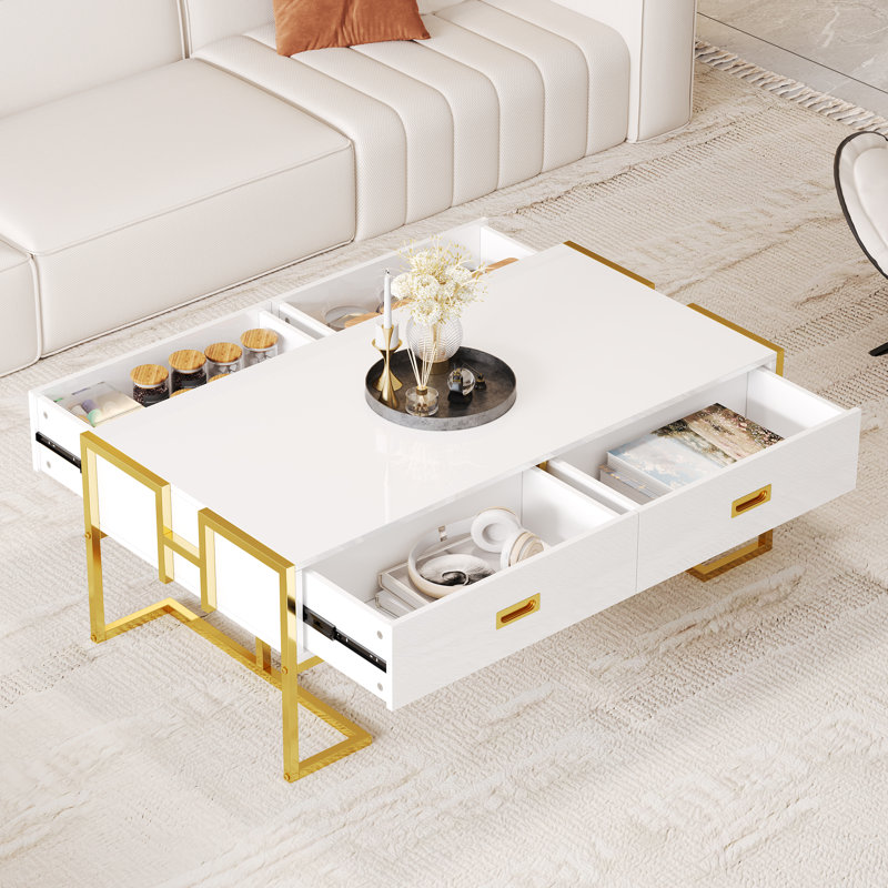 Table basse moderne moderne noire avec 4 tiroirs et base dorée, 47,3 po, Blanc