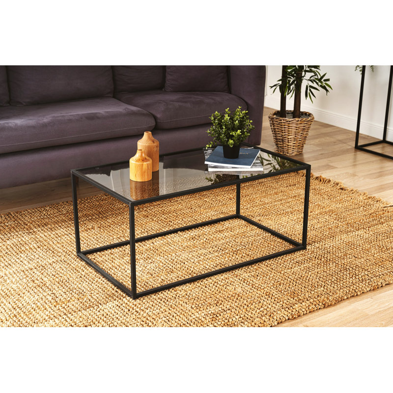 Table basse moderne avec plateau en verre fumé, 35,4 x 15,7 x 19,7 pouces | Pieds en métal robustes (0,6 x 0,6 po) | Design noir élégant, idéal pour les espaces de vie industriels et contemporains, élégant et fonctionnel
