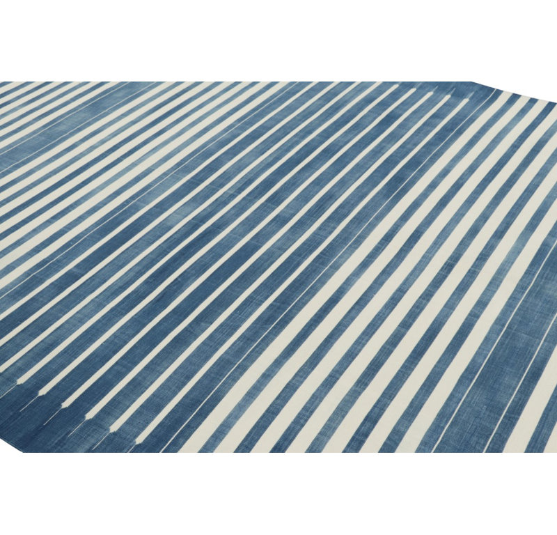 Rug & Kilim’S Contemporary Dhurrie Rug In Dark Blue And White Stripes, Rectangle 10' x 14'