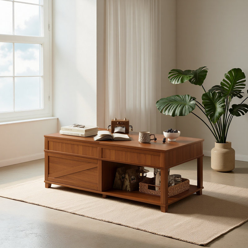 Table basse à plateau relevable massif avec compartiment caché, tablette ouverte et bureau réglable, Apricot Brown