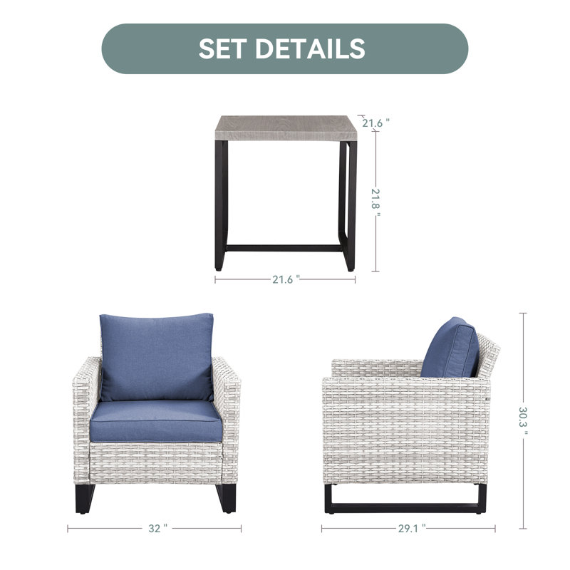 Nazime 2 Person Seating Group with Cushion, Blue, Light Gray