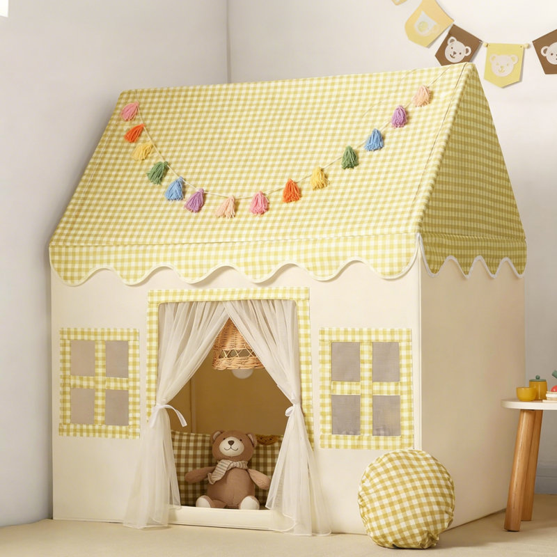 Kids Indoor Play Tent with Mat Tassel Garland and Star Lights, Yellow