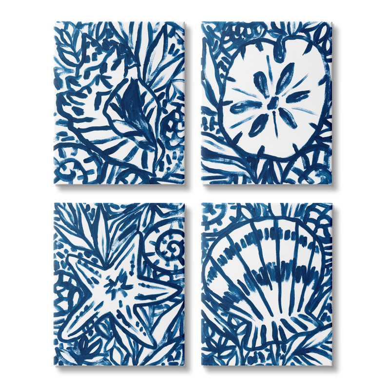 «Nautical Blue Seashell Starfish Sand Line» par June Erica Vess - ensemble de 4 impressions, Toile tendue