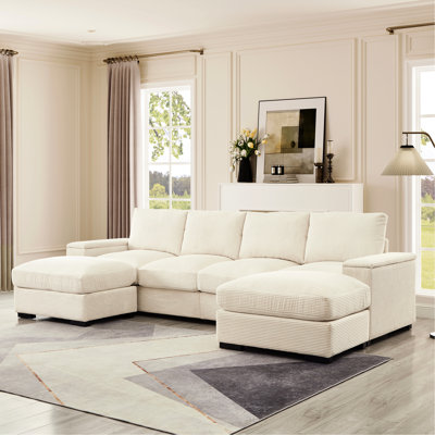 Canapé modulaire rembourré confortable avec repose-pieds, housse en velours côtelé, siège profond pour espace de vie, appartement, lieu de travail, 4 et 2, canapé repose-pieds beige en forme de U, revêtement, pièce confortable, espace de travail,