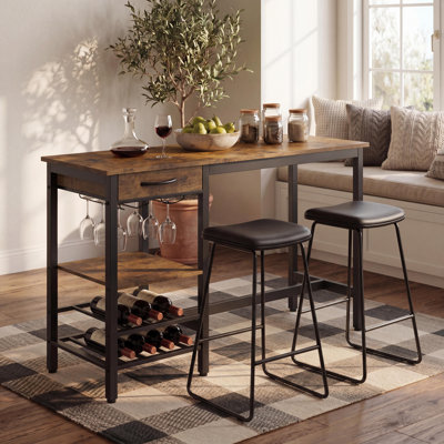 40" Industrial Bar Table with Wine Rack & Glass Holder, Rustic Wood & Metal Pub Table with Storage Drawer for Kitchen, Living Room & Small Spaces, Brown