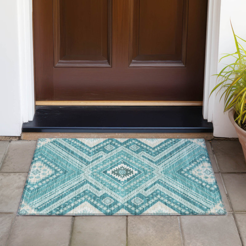 Teal Flat Woven Rectangular Synthetic Washable Rug