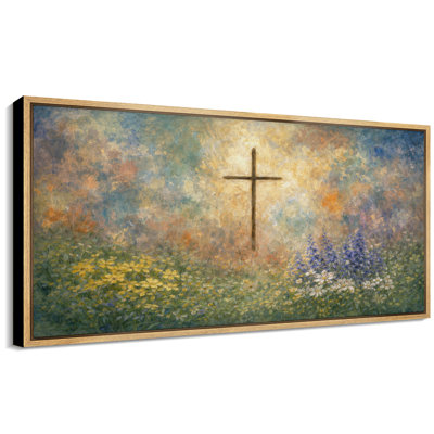 Radiant Cross in Floral Meadow Soft Pastel Landscape Christian Wall Decor Extra Large Pictures Framed Canvas Print Wall Art