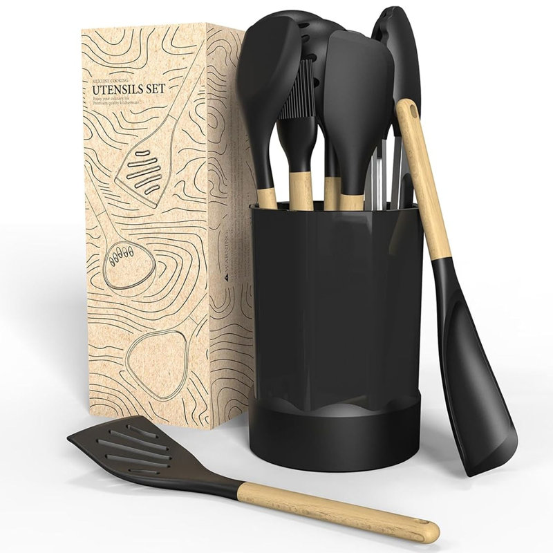 Ensemble 12 pièces d'ustensiles de cuisine en silicone antiadhésifs, manche en bois, résistant à la chaleur, noir