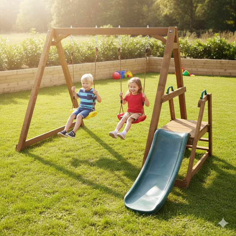 Wooden Backyard Swing Set, 2-In-1 Outdoor Playset With Slide And Climbing Rope Ladder For Children